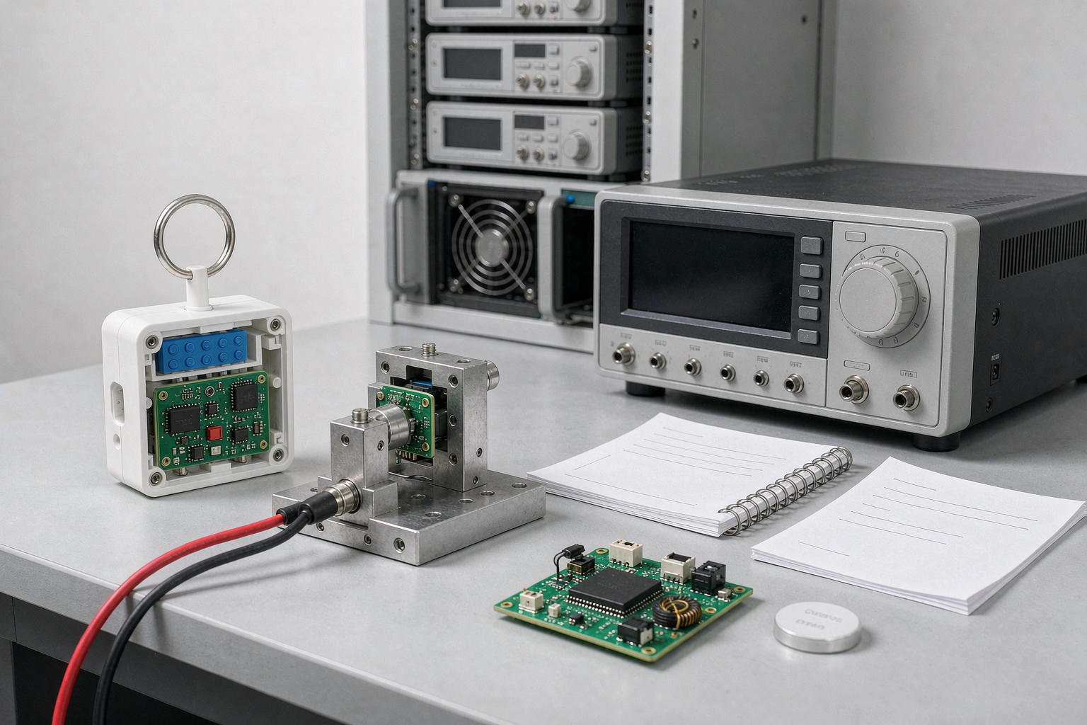Bluetooth tracker prototype with PCBA, antenna, battery and validation instruments on an engineering bench