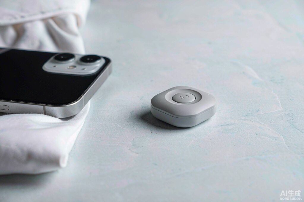 Rounded-square tracker puck beside a phone / 圆角方形防丢标签与手机并排