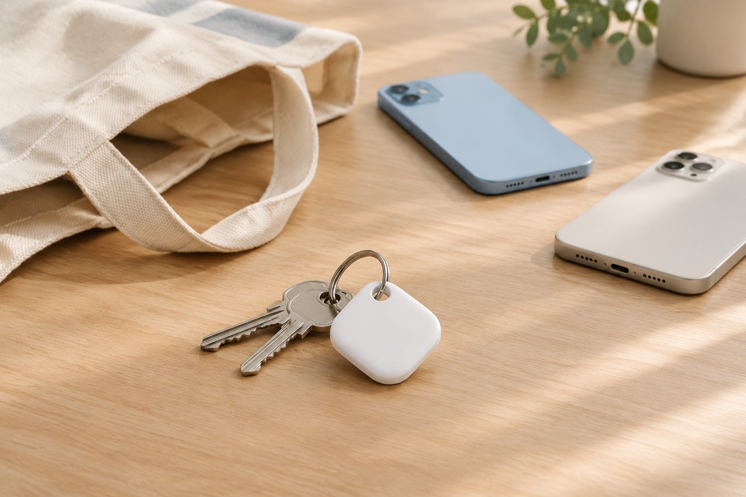 Unbranded white tracker on a shared keyring beside a canvas bag and two face-down phones on a light table / 浅色桌面上的无品牌白色防丢器与共用钥匙圈，旁边放着帆布包和两部屏幕朝下的手机