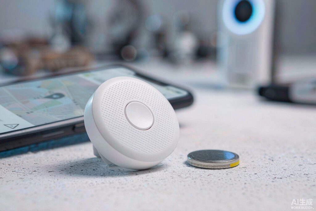White coin tracker, a CR2032 cell and a phone with a location warning on a pale desk / 浅色桌面上白色硬币防丢器、CR2032 纽扣电池与带定位警告的手机